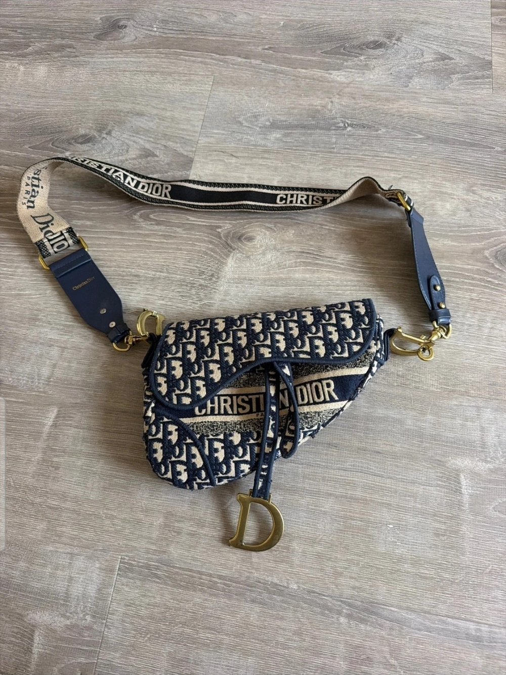 Dior Navy and Cream Oblique Saddle Crossbody with Gold D Charm